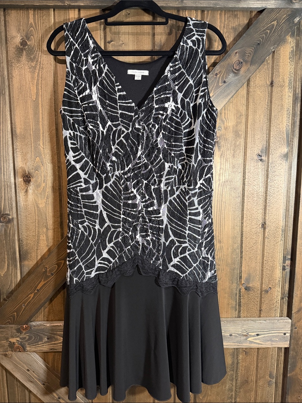 Sleeveless Black and White Midi Dress with Patterned Bodice